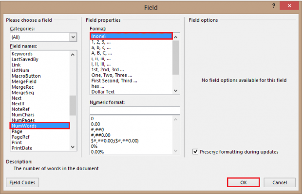 insert word count in word 2013