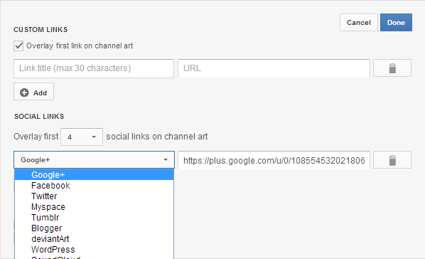 add custom social links to youtube channel