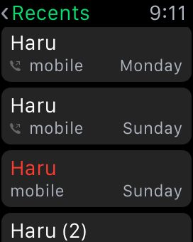 Recent call history on Apple Watch