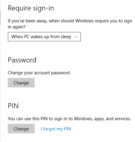 Windows 10 change password or pin code