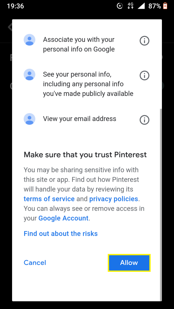 pinterest sign in with google